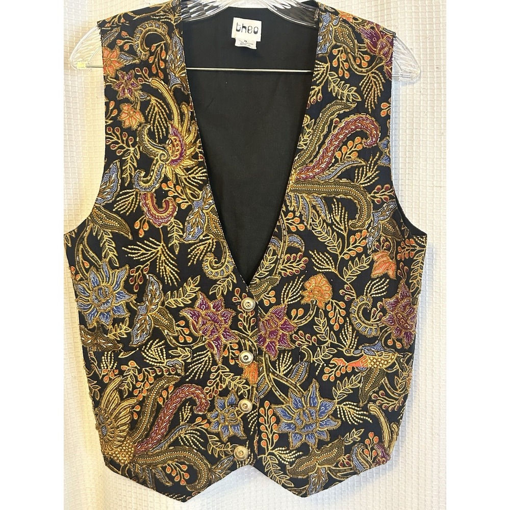 VTG Floral Beaded Vest Womens M Boho Whimsy Art Indie Cottagecore 90s Y2K Dark